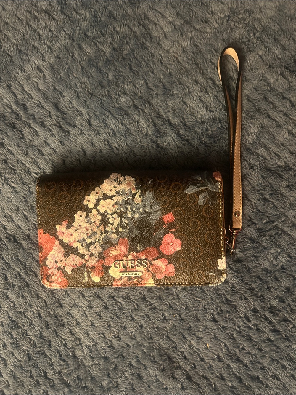 Guess Brown Floral Wristlet Wallet with Pink and Cream Flowers